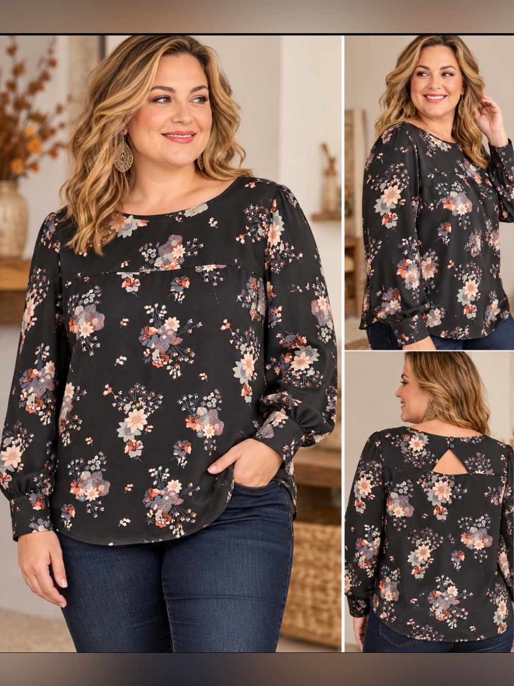 LOFT plus size- Black Floral boho Long-Sleeve Shirt- 48” bust